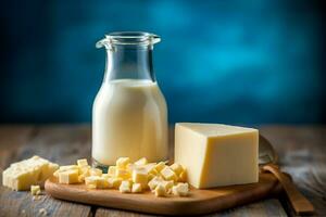 Milk in glass bottle with cheese on blue wooden background .Generative Ai. photo