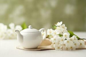 Green tea with jasmine flower and white ceramic teapot.Generative Ai. photo