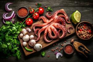 Fresh raw squid  with ingredients on wooden background photo