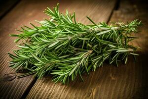 Fresh rosemary on the wooden background.Generative Ai. photo