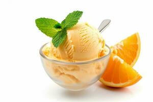 Orange ice cream with orange fruit isolated on white background photo