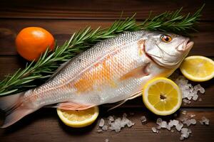 Raw fresh fish with lemon slices and rosemary on wooden kitchen background photo