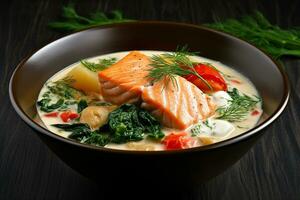 Salmon soup with ceramic bowl on wooden background photo