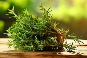 Fresh rosemary on the wooden background.Generative Ai. photo