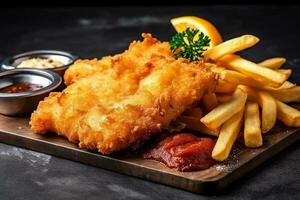 Fried fish and french fries on black stone background photo