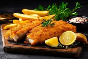 Fried fish and french fries on black stone background photo