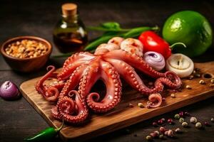 Fresh raw squid  with ingredients on wooden background photo