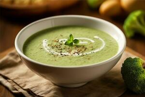 Broccoli Soup on white ceramic bowl on wooden table photo