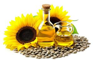 Sunflower oil and seeds isolated on white background photo