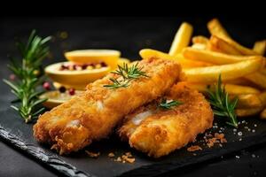 Fried fish and french fries on black stone background photo