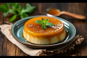 caramelo lactoso pudín en de madera foto