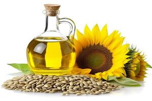 Sunflower oil and seeds isolated on white background photo