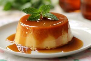 Caramel Custard Pudding on wooden photo