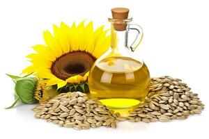 Sunflower oil and seeds isolated on white background photo
