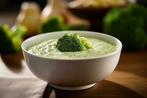 Broccoli Soup on white ceramic bowl on wooden table photo