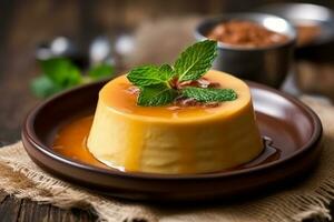 Caramel Custard Pudding on wooden photo