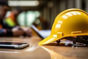 Engineer helmet yellow in construction photo