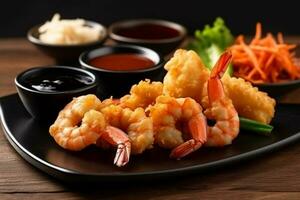 Deep-fried battered prawns in a black plate with vegetables and dipping sauce photo