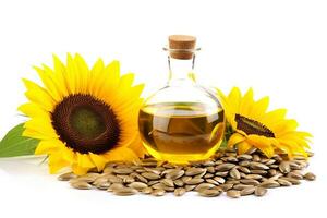 Sunflower oil and seeds isolated on white background photo