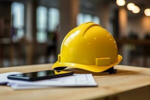 Engineer helmet yellow in construction photo