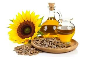 Sunflower oil and seeds isolated on white background photo