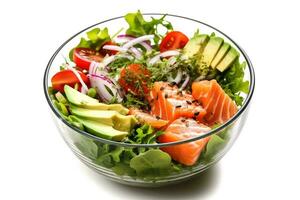 Fresh salad with vegetables,salmon and avocado isolated on white background photo