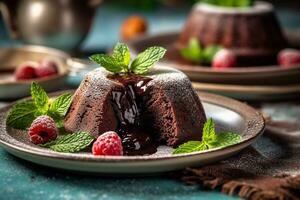 Chocolate lava cake with mint leaf on the table photo