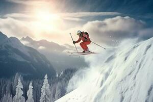 Athlete skier jumping through snow mountain photo