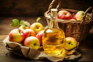 Apple cider in a glass jug and a basket of fresh apples photo