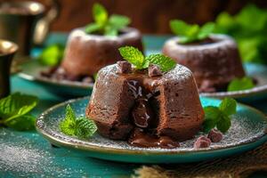 chocolate lava pastel con menta hoja en el mesa foto