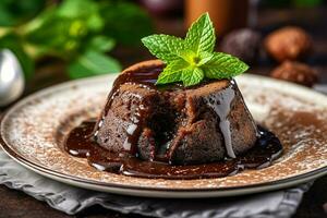 Chocolate lava cake with mint leaf on the table photo