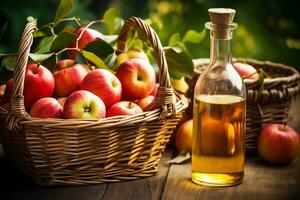 Apple cider in a glass jug and a basket of fresh apples photo