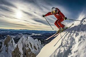 Athlete skier jumping through snow mountain photo