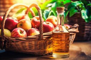 Apple cider in a glass jug and a basket of fresh apples photo