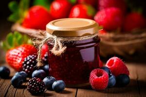 Berry jam in jar and basket of berries on background photo