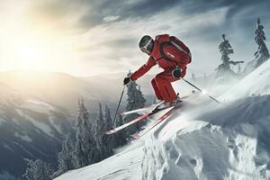 Athlete skier jumping through snow mountain photo