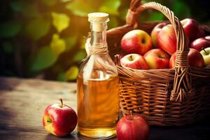 Apple cider in a glass jug and a basket of fresh apples photo