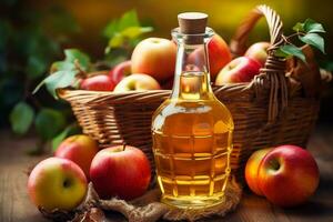 Apple cider in a glass jug and a basket of fresh apples photo