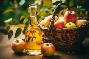 Apple cider in a glass jug and a basket of fresh apples photo