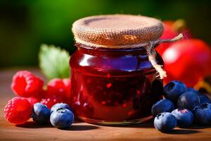 Berry jam in jar and basket of berries on background photo