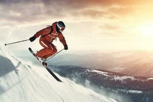 Athlete skier jumping through snow mountain photo