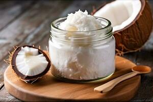 Coconut milk in glass jar with fresh coconut on wooden background photo