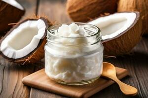 Coconut milk in glass jar with fresh coconut on wooden background photo