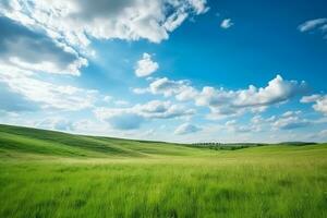 Green meadows on hill with blue sky photo