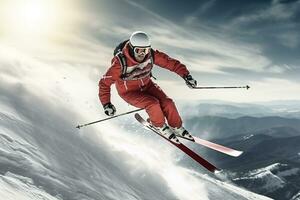 Athlete skier jumping through snow mountain photo