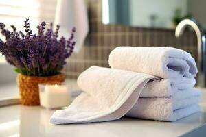 White towels with dry lavender flower in a bathroom photo