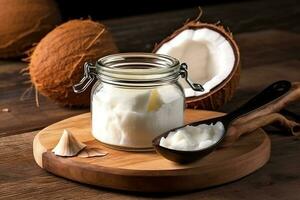 Coconut milk in glass jar with fresh coconut on wooden background photo