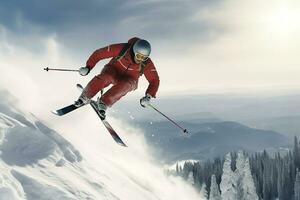 Athlete skier jumping through snow mountain photo