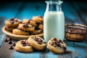 Chocolate chip cookies with milk in bottles on blue wooden photo