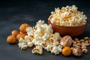 Popcorn in the  bowl on old wooden background photo